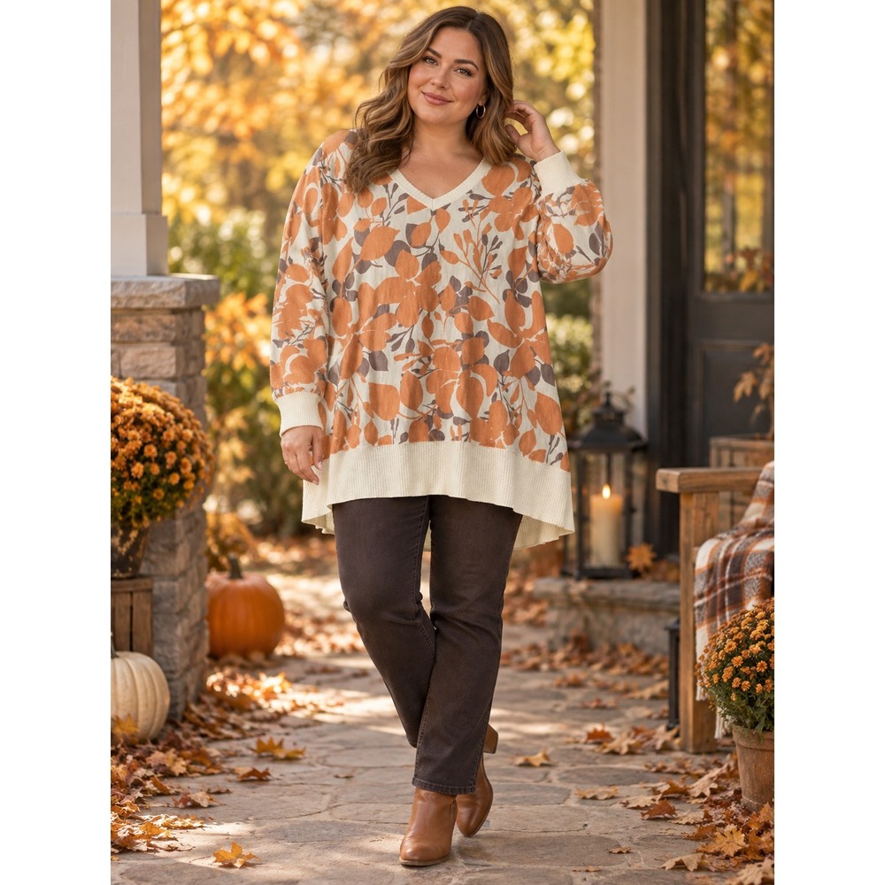 LOGO Lori Goldstein Tunic Womens 1X Orange Cream Floral Cotton V-Neck Soft Boho